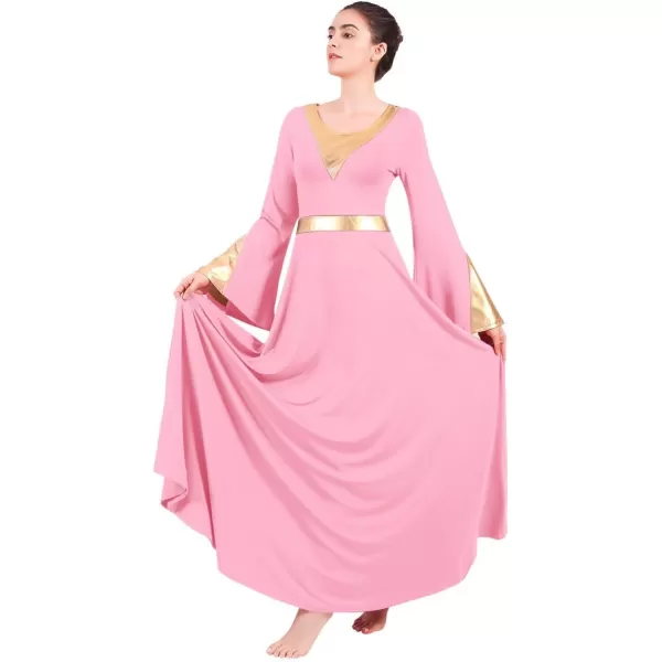 Women Metallic Color Block Liturgical Praise Lyrical Dance Dress Bell Long Sleeve Church Dancewear Gown Worship CostumePink