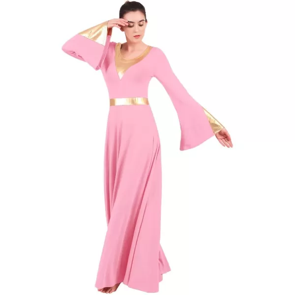 Women Metallic Color Block Liturgical Praise Lyrical Dance Dress Bell Long Sleeve Church Dancewear Gown Worship CostumePink