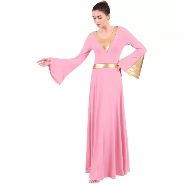 Women Metallic Color Block Liturgical Praise Lyrical Dance Dress Bell Long Sleeve Church Dancewear Gown Worship CostumePink