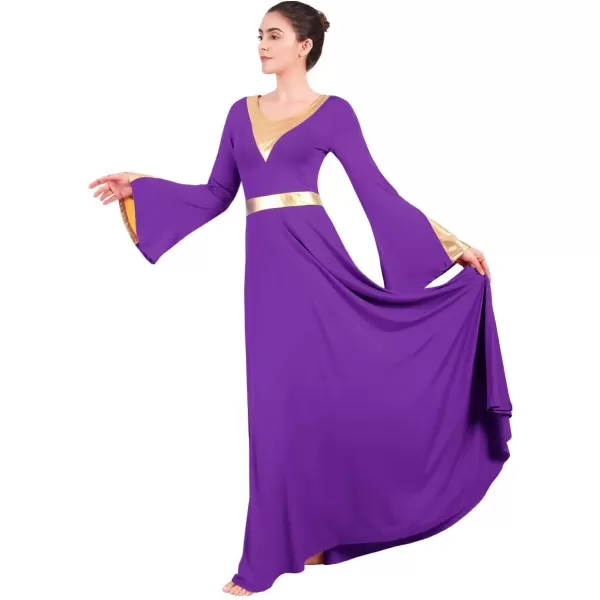 Women Metallic Color Block Liturgical Praise Lyrical Dance Dress Bell Long Sleeve Church Dancewear Gown Worship CostumePurple