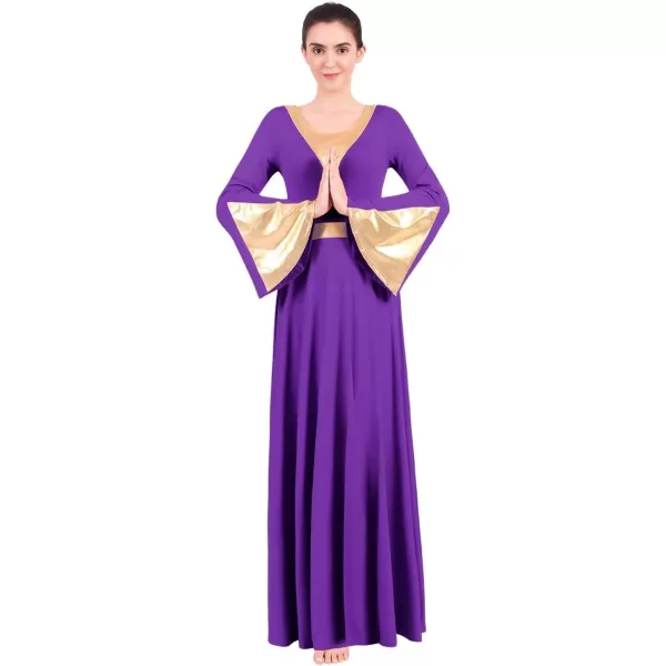 Women Metallic Color Block Liturgical Praise Lyrical Dance Dress Bell Long Sleeve Church Dancewear Gown Worship CostumePurple