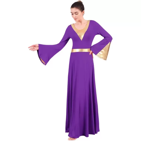 Women Metallic Color Block Liturgical Praise Lyrical Dance Dress Bell Long Sleeve Church Dancewear Gown Worship CostumePurple