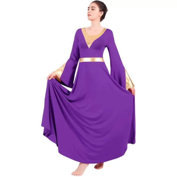 Women Metallic Color Block Liturgical Praise Lyrical Dance Dress Bell Long Sleeve Church Dancewear Gown Worship CostumePurple