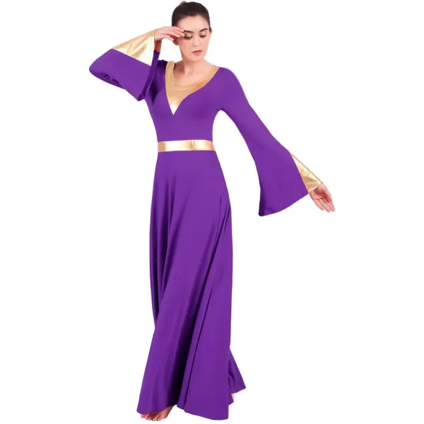 Women Metallic Color Block Liturgical Praise Lyrical Dance Dress Bell Long Sleeve Church Dancewear Gown Worship CostumePurple