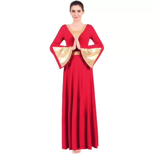 Women Metallic Color Block Liturgical Praise Lyrical Dance Dress Bell Long Sleeve Church Dancewear Gown Worship CostumeRed