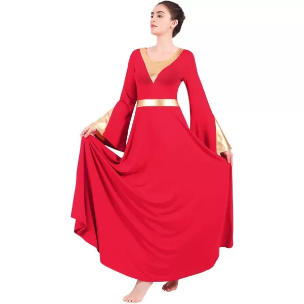 Women Metallic Color Block Liturgical Praise Lyrical Dance Dress Bell Long Sleeve Church Dancewear Gown Worship CostumeRed