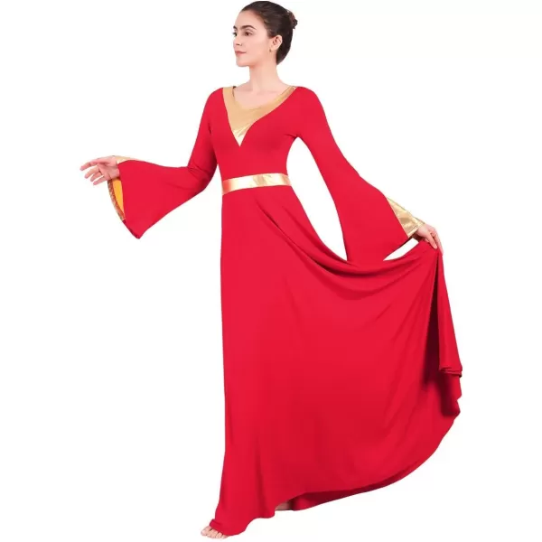 Women Metallic Color Block Liturgical Praise Lyrical Dance Dress Bell Long Sleeve Church Dancewear Gown Worship CostumeRed