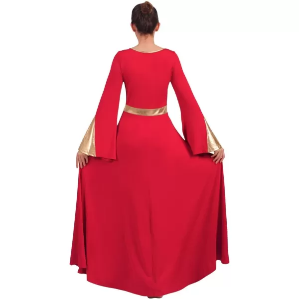 Women Metallic Color Block Liturgical Praise Lyrical Dance Dress Bell Long Sleeve Church Dancewear Gown Worship CostumeRed