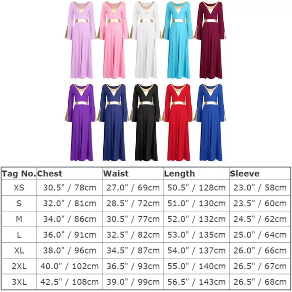 Women Metallic Color Block Liturgical Praise Lyrical Dance Dress Bell Long Sleeve Church Dancewear Gown Worship CostumeRed