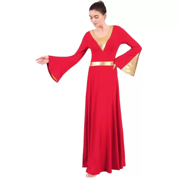 Women Metallic Color Block Liturgical Praise Lyrical Dance Dress Bell Long Sleeve Church Dancewear Gown Worship CostumeRed