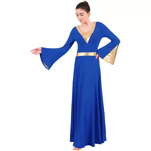 Women Metallic Color Block Liturgical Praise Lyrical Dance Dress Bell Long Sleeve Church Dancewear Gown Worship CostumeRoyal Blue