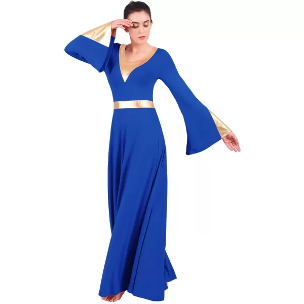 Women Metallic Color Block Liturgical Praise Lyrical Dance Dress Bell Long Sleeve Church Dancewear Gown Worship CostumeRoyal Blue