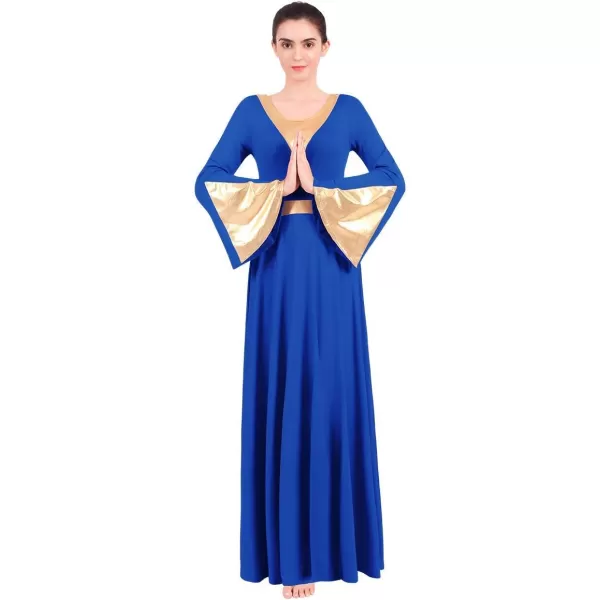 Women Metallic Color Block Liturgical Praise Lyrical Dance Dress Bell Long Sleeve Church Dancewear Gown Worship CostumeRoyal Blue