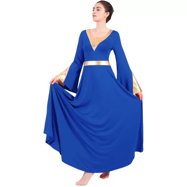 Women Metallic Color Block Liturgical Praise Lyrical Dance Dress Bell Long Sleeve Church Dancewear Gown Worship CostumeRoyal Blue