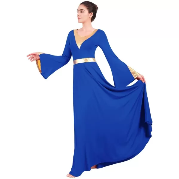 Women Metallic Color Block Liturgical Praise Lyrical Dance Dress Bell Long Sleeve Church Dancewear Gown Worship CostumeRoyal Blue