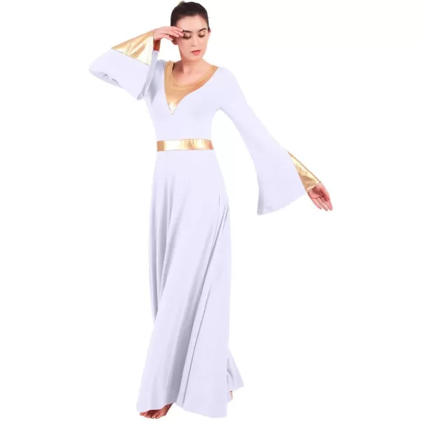 Women Metallic Color Block Liturgical Praise Lyrical Dance Dress Bell Long Sleeve Church Dancewear Gown Worship CostumeWhite