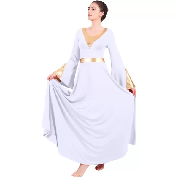 Women Metallic Color Block Liturgical Praise Lyrical Dance Dress Bell Long Sleeve Church Dancewear Gown Worship CostumeWhite