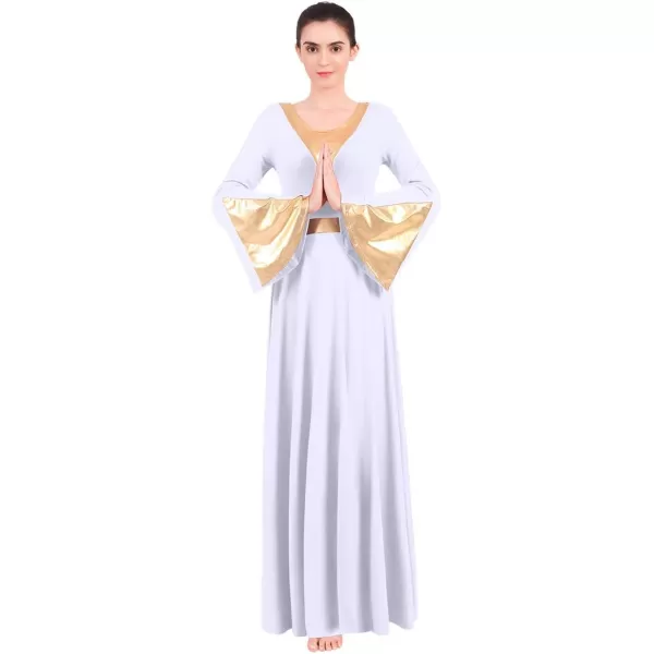 Women Metallic Color Block Liturgical Praise Lyrical Dance Dress Bell Long Sleeve Church Dancewear Gown Worship CostumeWhite