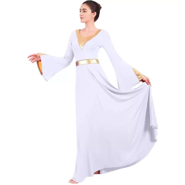 Women Metallic Color Block Liturgical Praise Lyrical Dance Dress Bell Long Sleeve Church Dancewear Gown Worship CostumeWhite