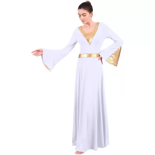 Women Metallic Color Block Liturgical Praise Lyrical Dance Dress Bell Long Sleeve Church Dancewear Gown Worship CostumeWhite