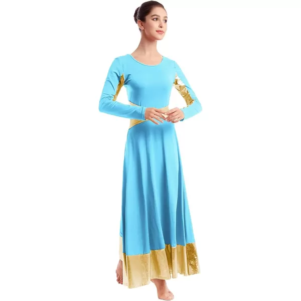 Women Metallic Cross Color Block Liturgical Praise Dance Dresses Christian Church Robe Worship Skirt Ballet DancewearBlue