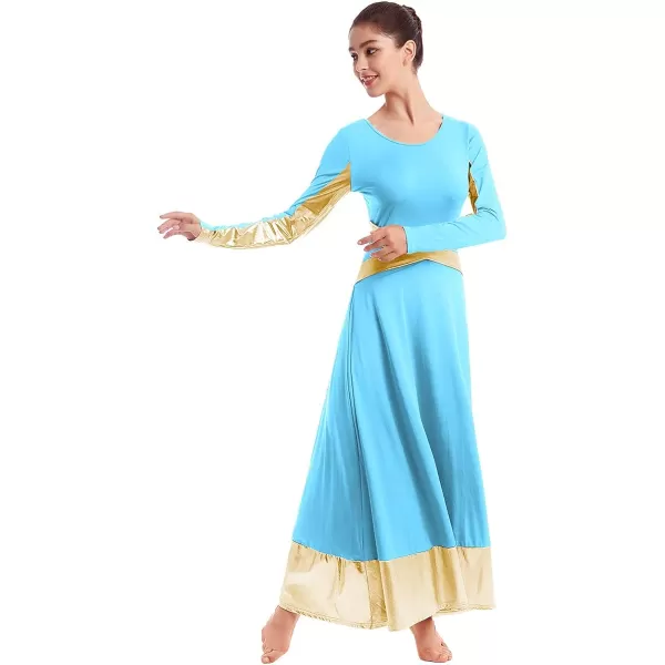 Women Metallic Cross Color Block Liturgical Praise Dance Dresses Christian Church Robe Worship Skirt Ballet DancewearBlue