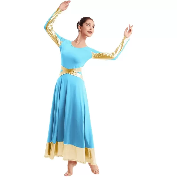 Women Metallic Cross Color Block Liturgical Praise Dance Dresses Christian Church Robe Worship Skirt Ballet DancewearBlue