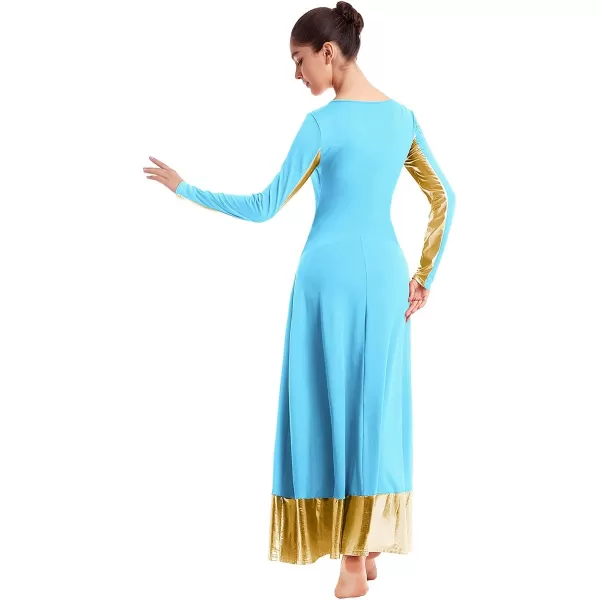 Women Metallic Cross Color Block Liturgical Praise Dance Dresses Christian Church Robe Worship Skirt Ballet DancewearBlue