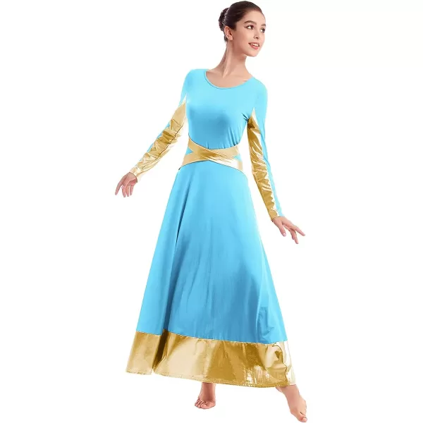 Women Metallic Cross Color Block Liturgical Praise Dance Dresses Christian Church Robe Worship Skirt Ballet DancewearBlue