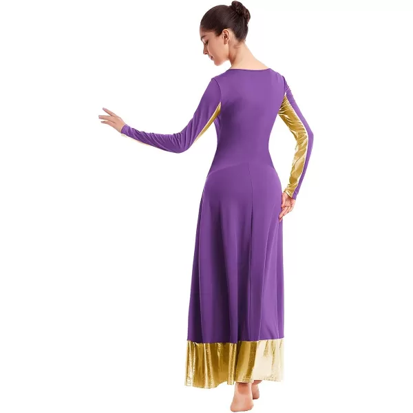 Women Metallic Cross Color Block Liturgical Praise Dance Dresses Christian Church Robe Worship Skirt Ballet DancewearPurple