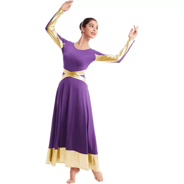 Women Metallic Cross Color Block Liturgical Praise Dance Dresses Christian Church Robe Worship Skirt Ballet DancewearPurple