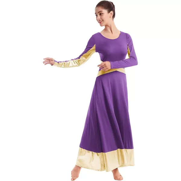 Women Metallic Cross Color Block Liturgical Praise Dance Dresses Christian Church Robe Worship Skirt Ballet DancewearPurple