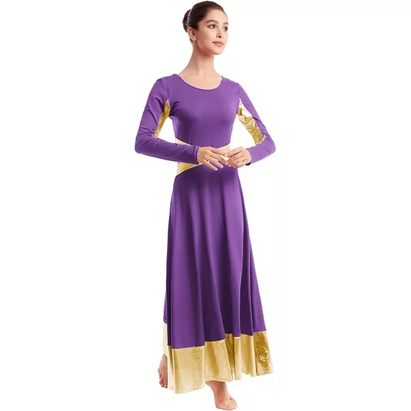 Women Metallic Cross Color Block Liturgical Praise Dance Dresses Christian Church Robe Worship Skirt Ballet DancewearPurple