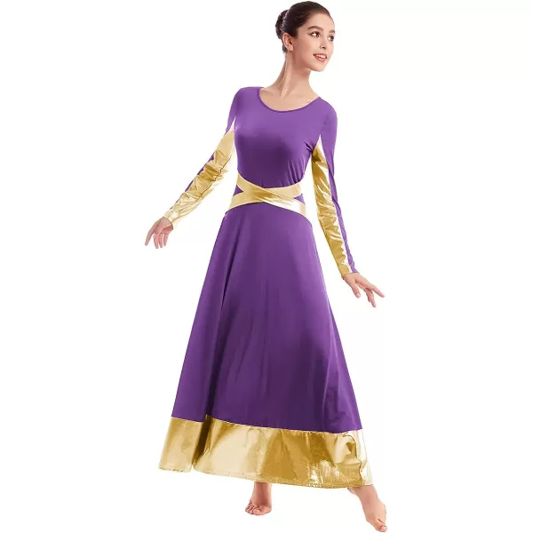 Women Metallic Cross Color Block Liturgical Praise Dance Dresses Christian Church Robe Worship Skirt Ballet DancewearPurple