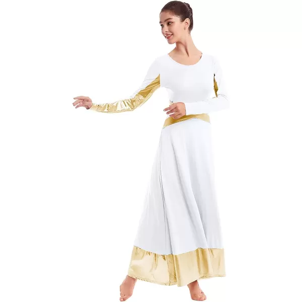 Women Metallic Cross Color Block Liturgical Praise Dance Dresses Christian Church Robe Worship Skirt Ballet DancewearWhite