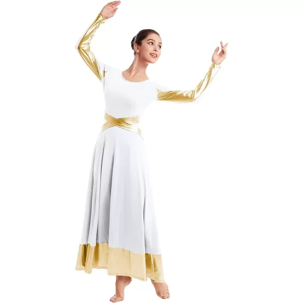 Women Metallic Cross Color Block Liturgical Praise Dance Dresses Christian Church Robe Worship Skirt Ballet DancewearWhite