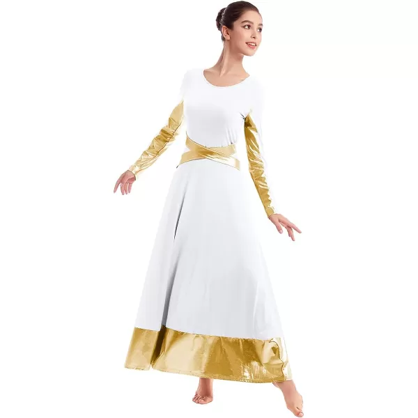 Women Metallic Cross Color Block Liturgical Praise Dance Dresses Christian Church Robe Worship Skirt Ballet DancewearWhite