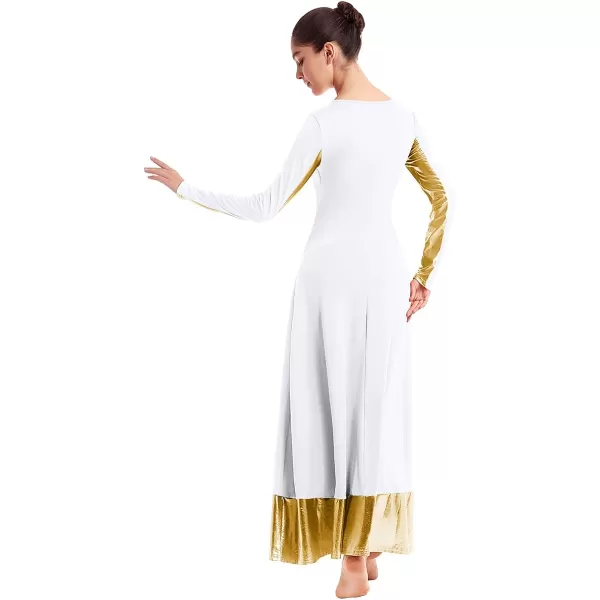 Women Metallic Cross Color Block Liturgical Praise Dance Dresses Christian Church Robe Worship Skirt Ballet DancewearWhite