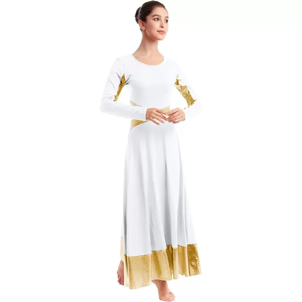 Women Metallic Cross Color Block Liturgical Praise Dance Dresses Christian Church Robe Worship Skirt Ballet DancewearWhite