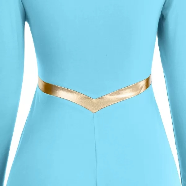 Women Metallic Cross Praise Dance Dresses Liturgical Lyrical Dancewear Color Block Long Sleeve Worship Dance DressBlue