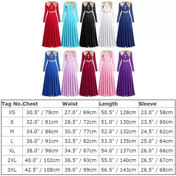 Women Metallic Cross Praise Dance Dresses Liturgical Lyrical Dancewear Color Block Long Sleeve Worship Dance DressBlue