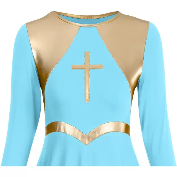 Women Metallic Cross Praise Dance Dresses Liturgical Lyrical Dancewear Color Block Long Sleeve Worship Dance DressBlue