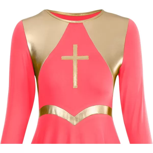 Women Metallic Cross Praise Dance Dresses Liturgical Lyrical Dancewear Color Block Long Sleeve Worship Dance DressFluorescent Orange