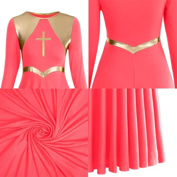 Women Metallic Cross Praise Dance Dresses Liturgical Lyrical Dancewear Color Block Long Sleeve Worship Dance DressFluorescent Orange