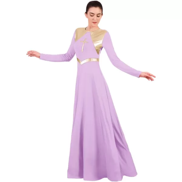 Women Metallic Cross Praise Dance Dresses Liturgical Lyrical Dancewear Color Block Long Sleeve Worship Dance DressLilac