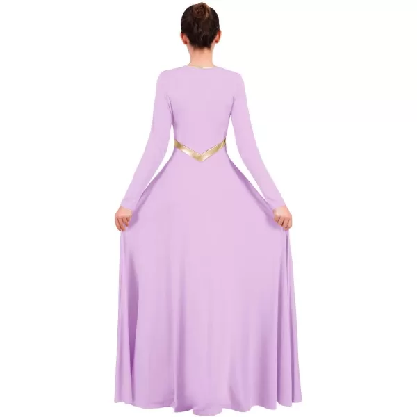 Women Metallic Cross Praise Dance Dresses Liturgical Lyrical Dancewear Color Block Long Sleeve Worship Dance DressLilac