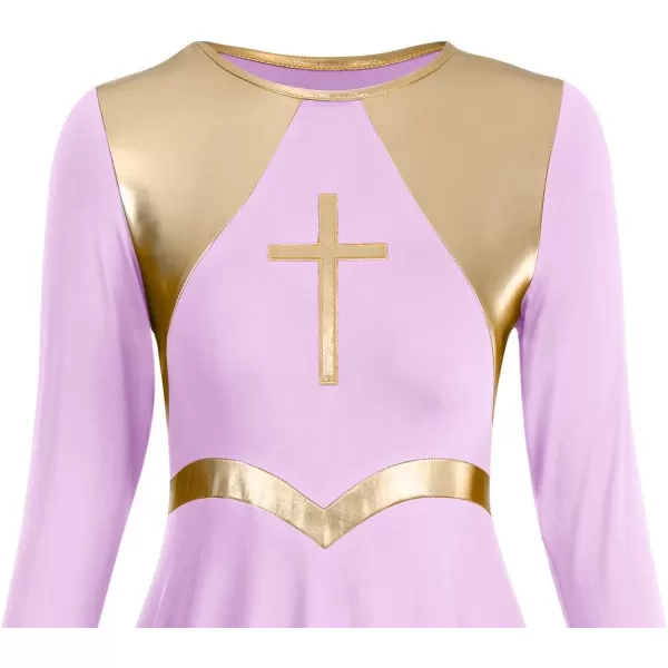 Women Metallic Cross Praise Dance Dresses Liturgical Lyrical Dancewear Color Block Long Sleeve Worship Dance DressLilac