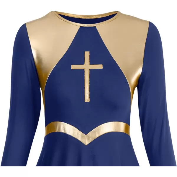 Women Metallic Cross Praise Dance Dresses Liturgical Lyrical Dancewear Color Block Long Sleeve Worship Dance DressNavy Blue