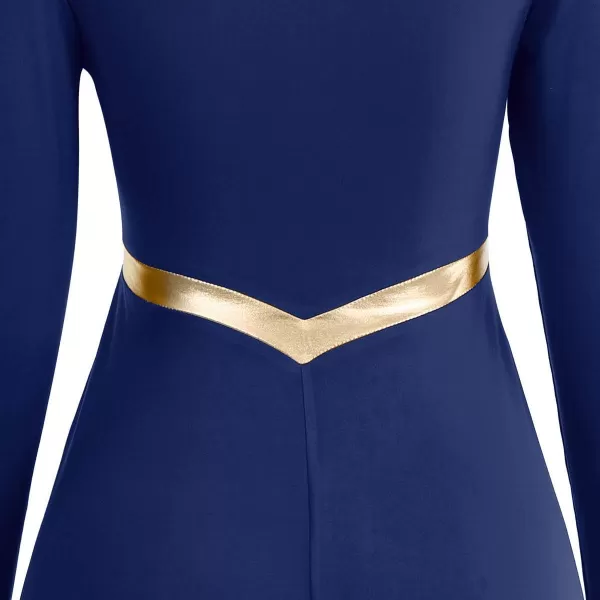 Women Metallic Cross Praise Dance Dresses Liturgical Lyrical Dancewear Color Block Long Sleeve Worship Dance DressNavy Blue