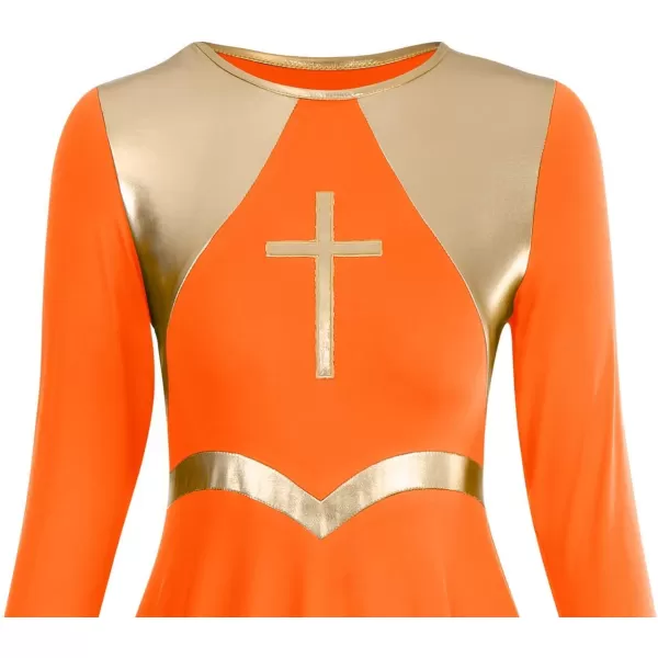 Women Metallic Cross Praise Dance Dresses Liturgical Lyrical Dancewear Color Block Long Sleeve Worship Dance DressOrange